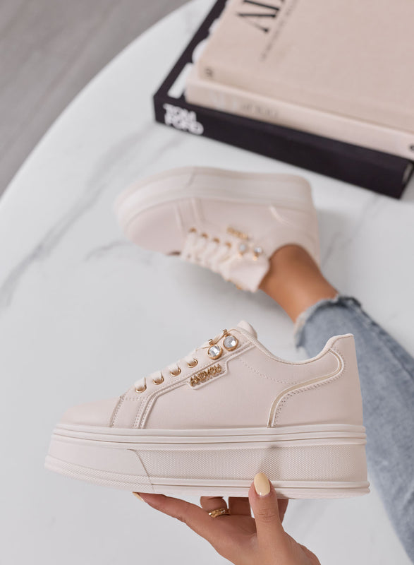FLORA - Sneakers Platform Donna beige con Dettagli Gioiello
