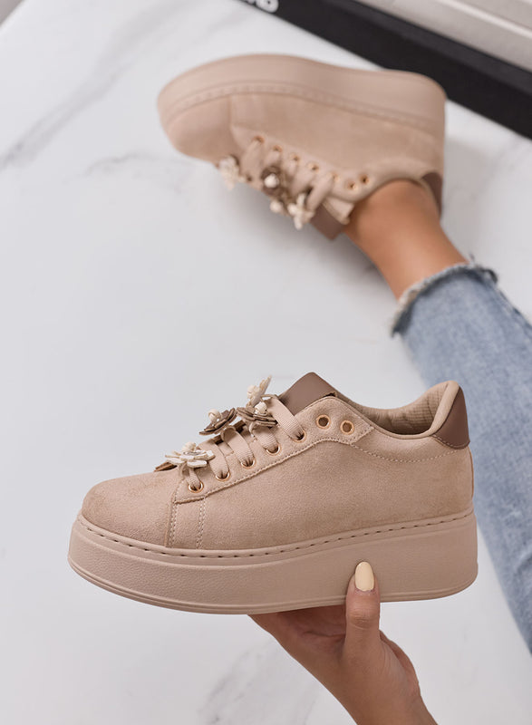PAIGE - Sneakers donna beige con fiori sui lacci