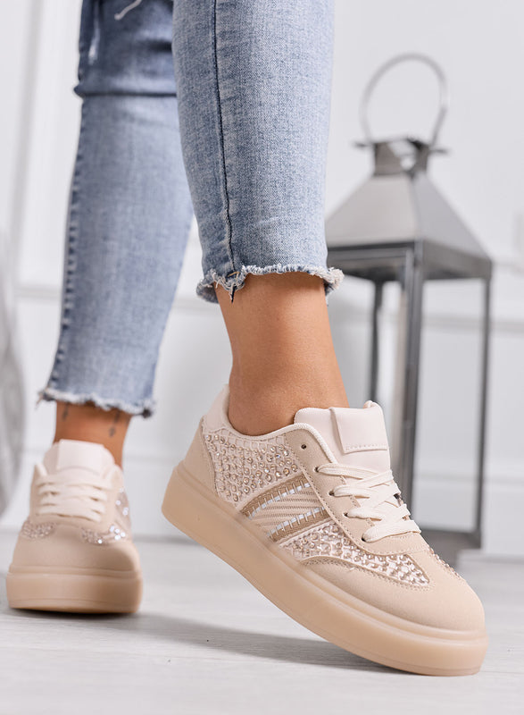 NOISE - Sneakers Donna Beige con Strass e Inserti in Rete