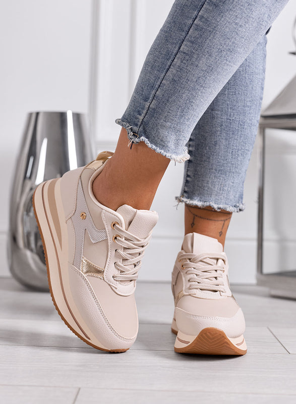 GABRIEL - Sneakers Donna Beige Platform con Dettagli Oro