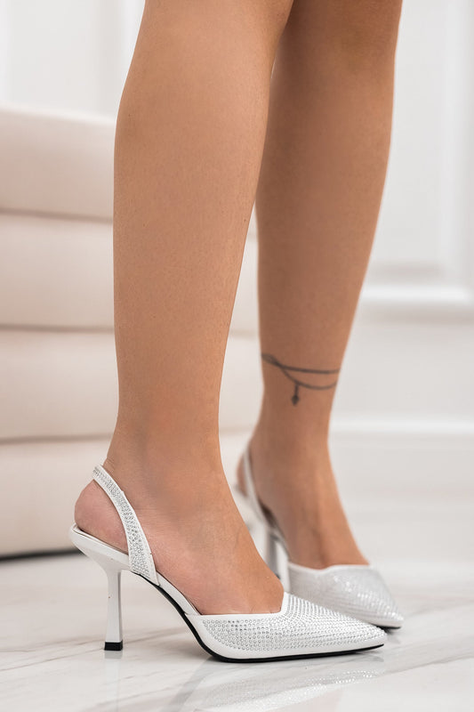 DEISY - Zapatos de salón blancos con tacón cómodo y pedrería