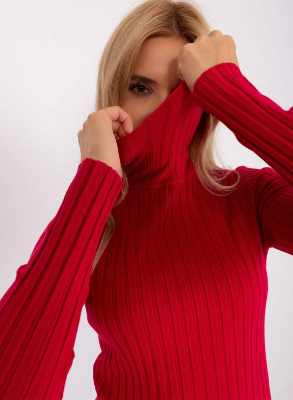 Suéter rojo de canalé con cuello alto