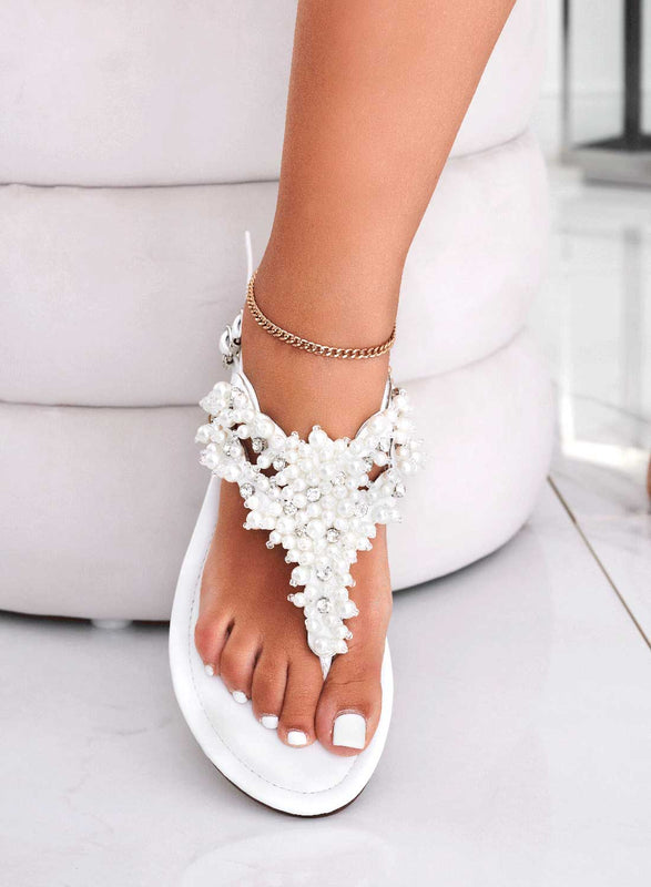 GARDENIA - Alexoo white jeweled thong sandals with pearls