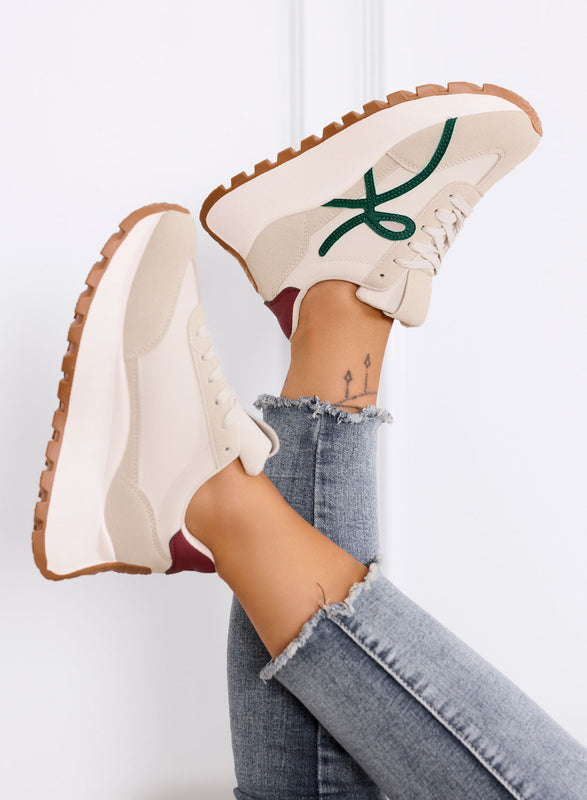 YONA - Beige sneakers with green details and high sole
