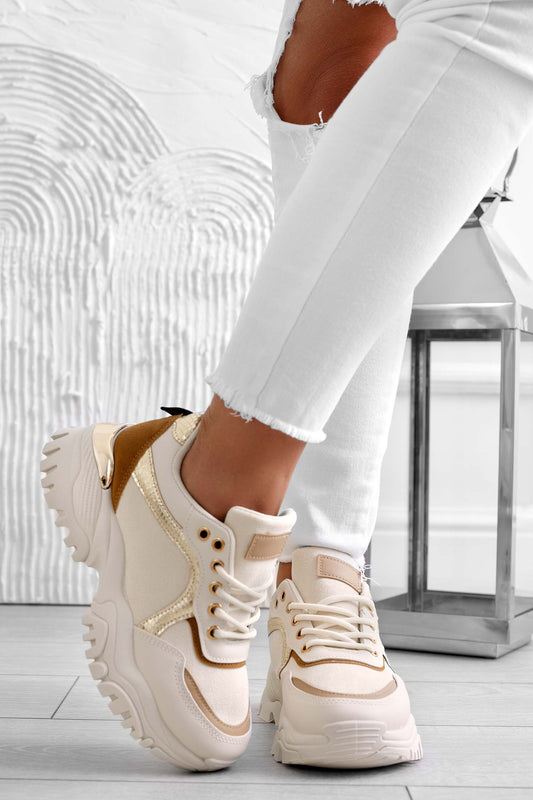Beige sneakers with thick sole and contrasting panels
