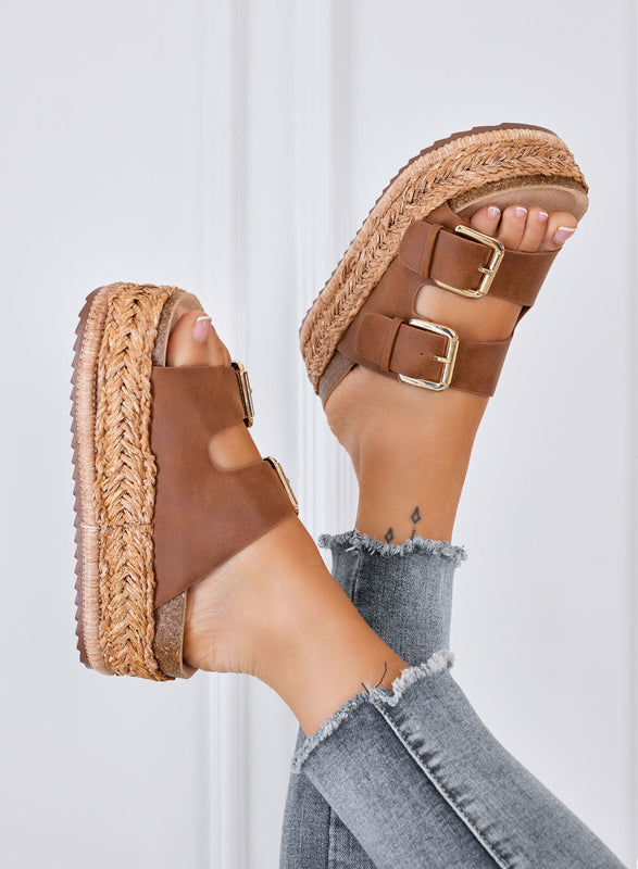 DANIEL - Sandalias marrones tipo chancla con plataforma, doble hebilla y suela de cuerda