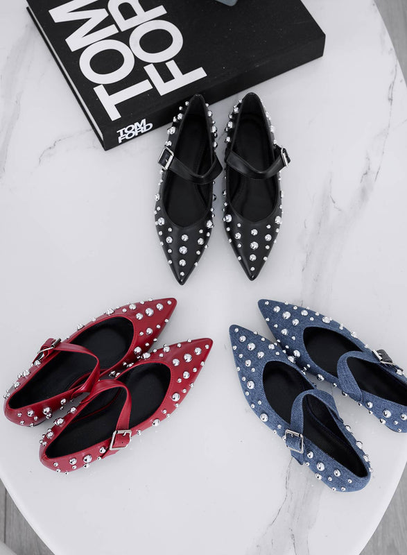 FRANCA - Blue denim pointed ballerinas with silver sphere studs