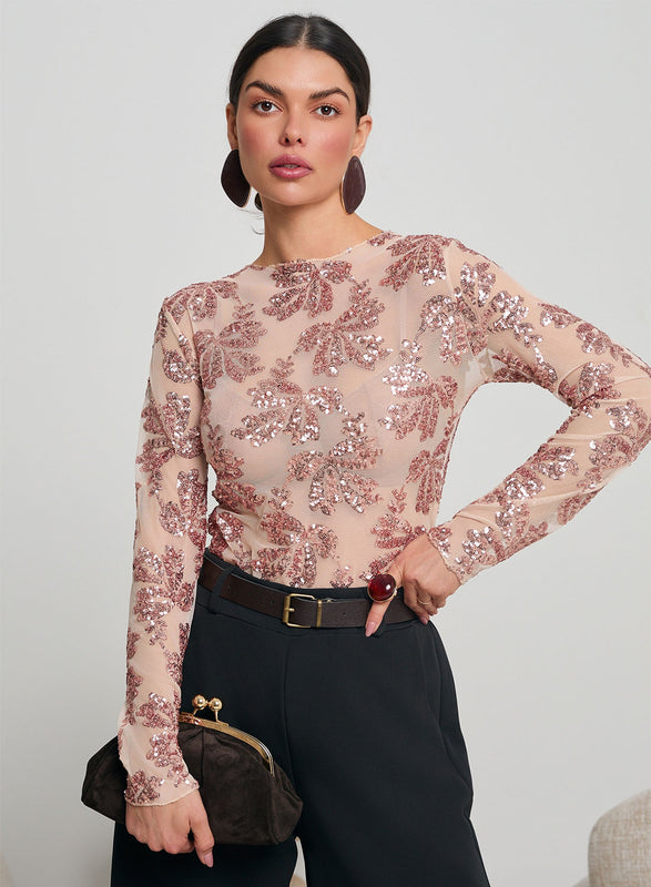 Body nude transparent avec détails en paillettes