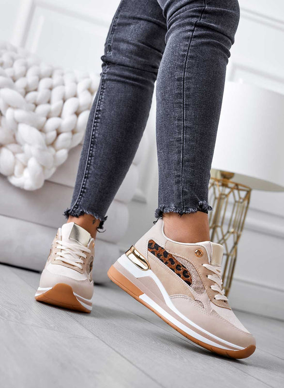 Sneakers beige con inserti glitter e maculati