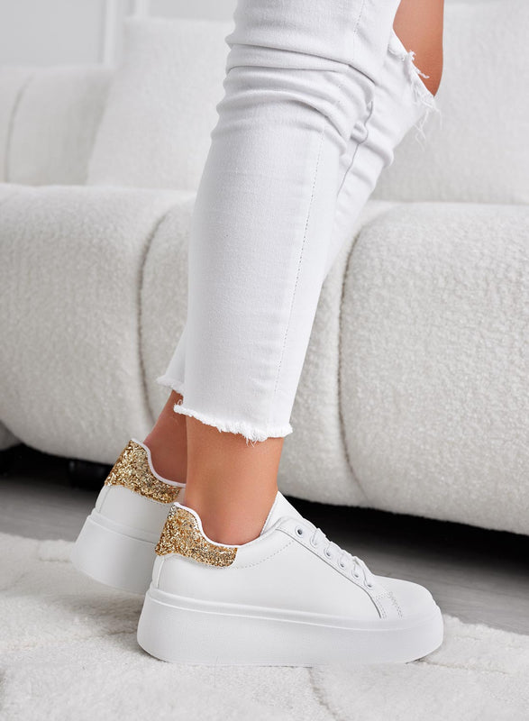 MALVIN - White sneakers with gold glitter heel