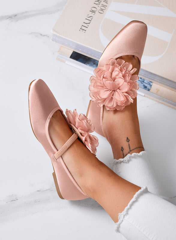 ATHENA - Bailarinas rosas elegantes de satén con flor decorativa