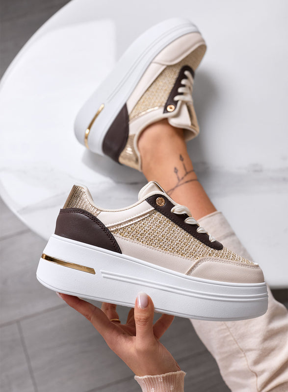 SONIA - Sneakers beige con inserti in tessuto laminato oro