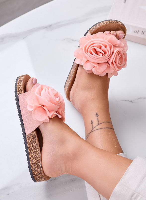SUMMER - Sandalias tipo chancla rosa claro con flores aplicadas