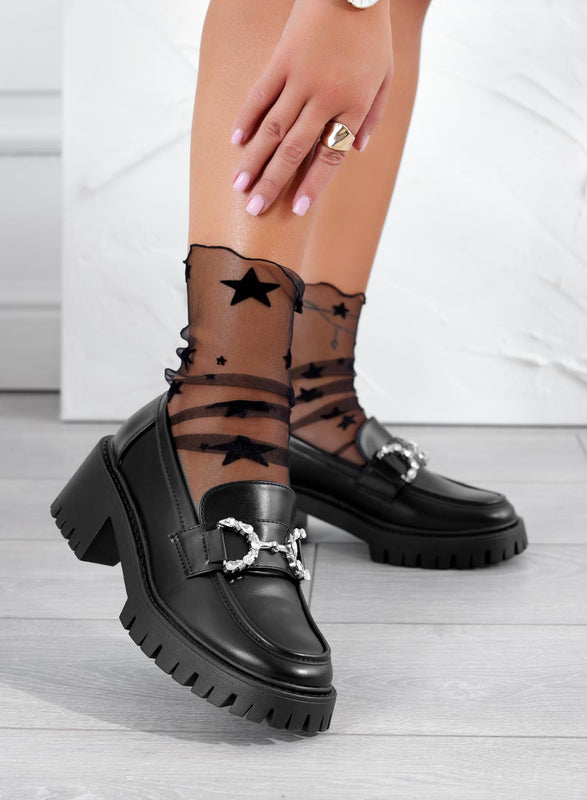 SARA - Mocassins noirs avec ornement bijou