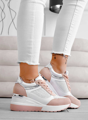 Sneakers rosa con inserti in tessuto glitter argento