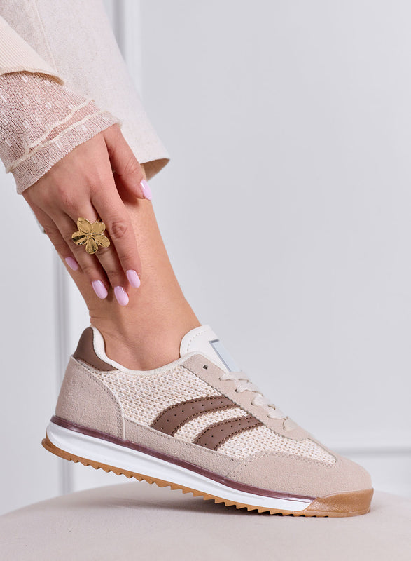 PIERA - Zapatillas beige de tela con detalles marrones y suela de goma