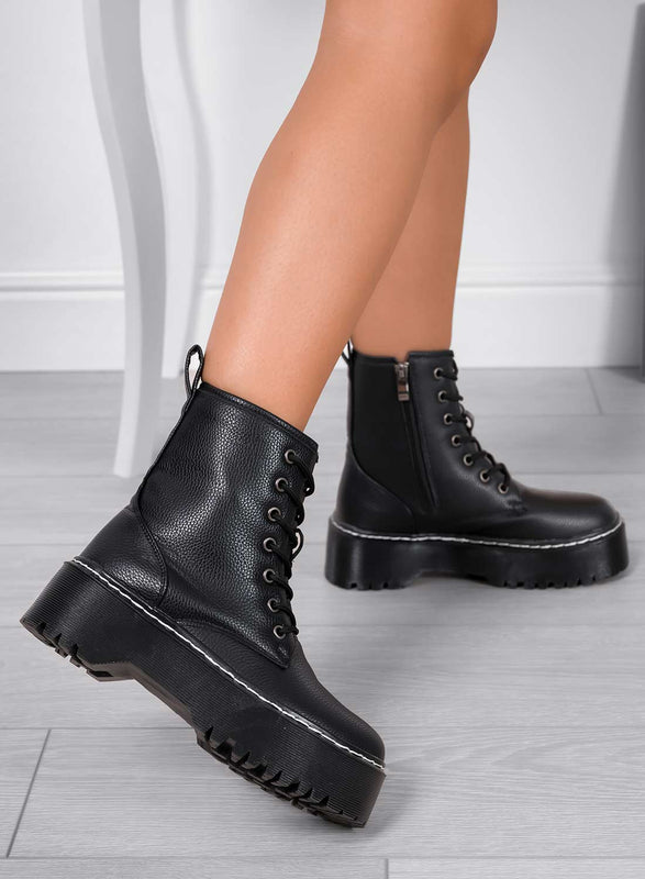 LARISSA - Black hammered Alexoo combat boots with thick sole
