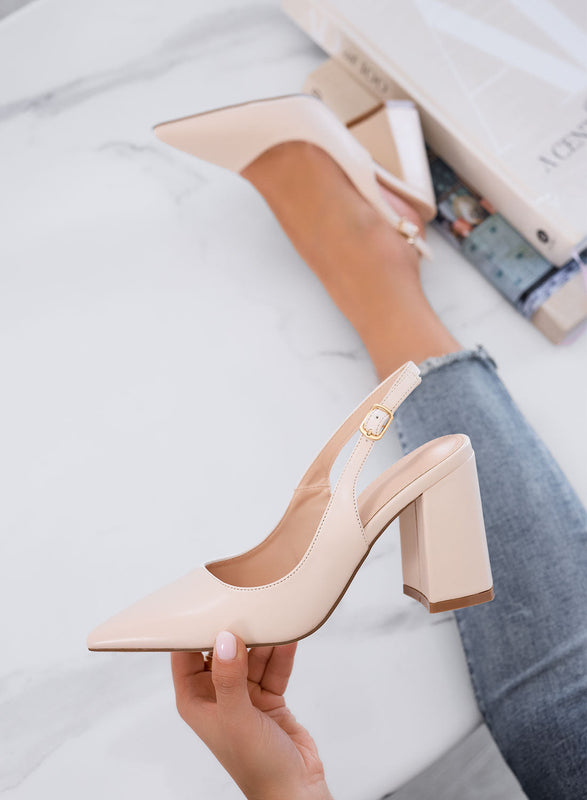 ANGELICA - Décolleté slingback beige de punta con tacón ancho