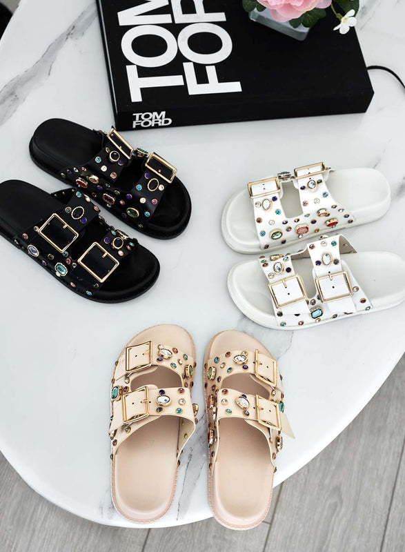 VIXIE - Black slide sandals with stones