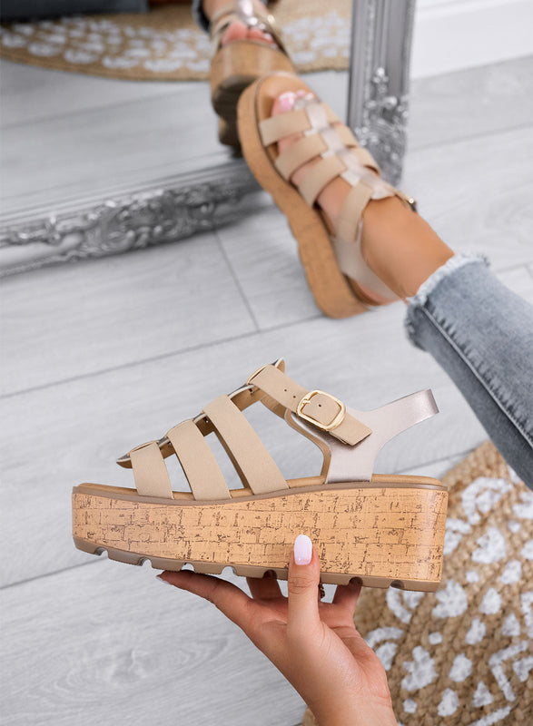 MATILDE - Sandalias beige con cuña platform efecto corcho