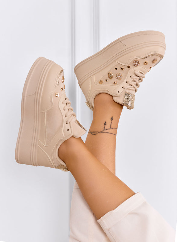 AIDA - Sneakers platform beige con decorazioni oro