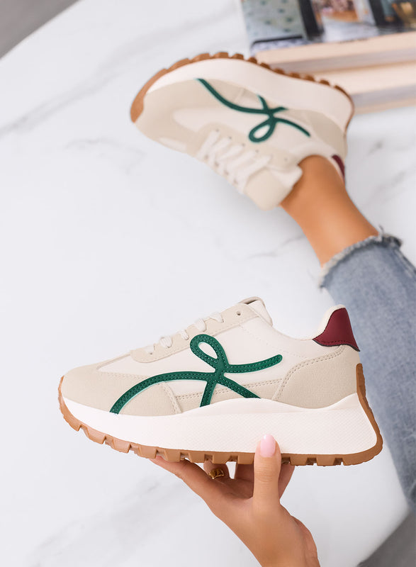 YONA - Beige sneakers with green details and high sole