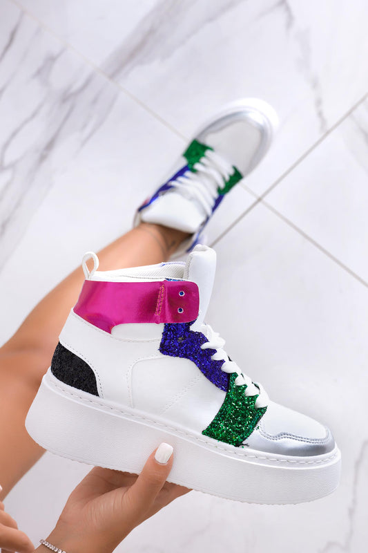 ROSINA - Zapatillas deportivas blancas con inserciones de purpurina multicolor