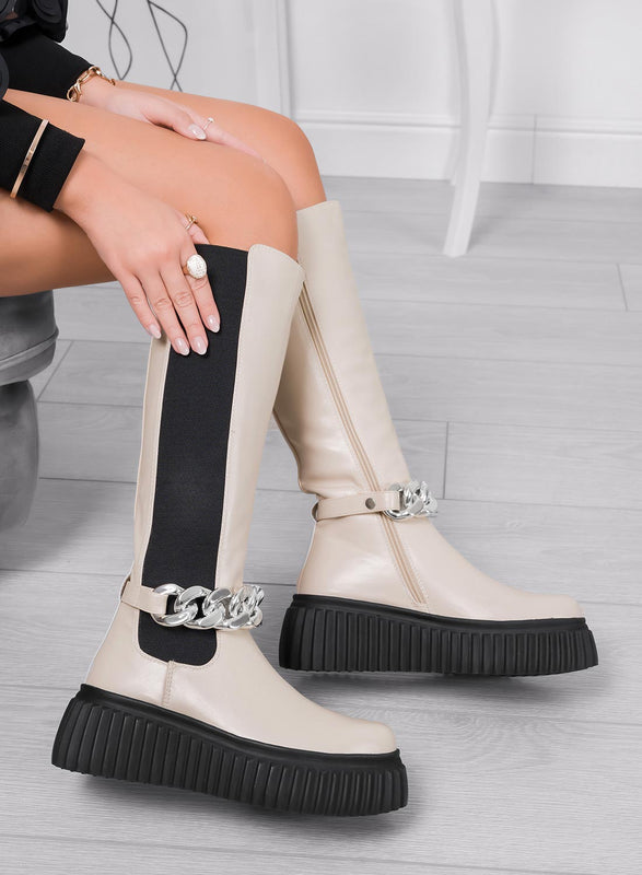 LARA - Botas beige alexoo con elatisco negro y cadena extraible