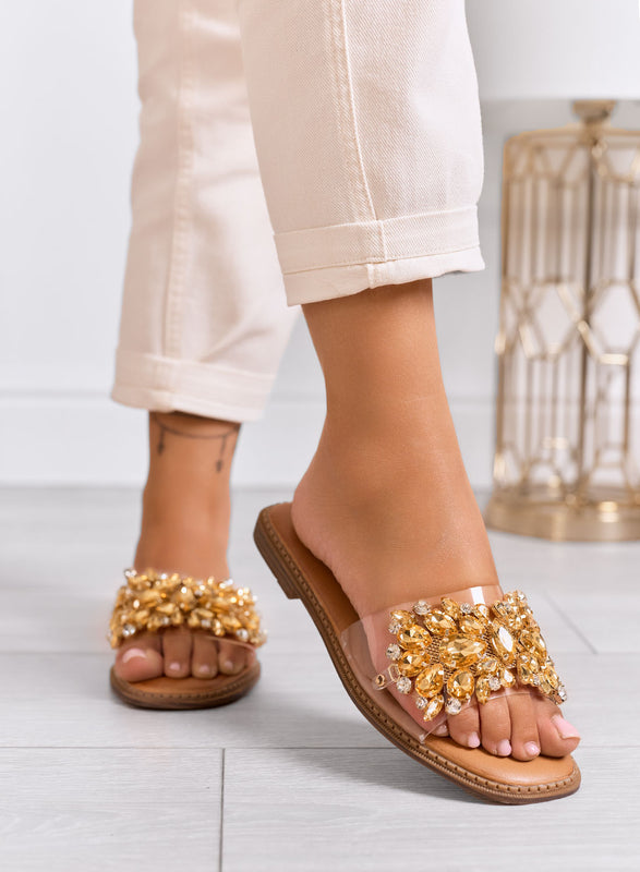 DAFFY - Sandalias chanclas transparentes con apliques de joya dorados