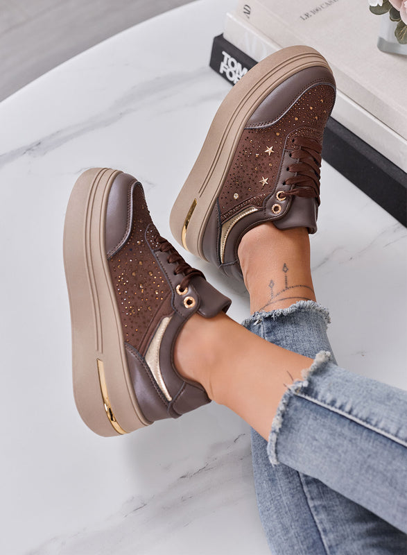 MELANIA - Sneakers Donna marroni con Strass, Stelline e Suola Platform