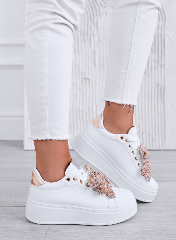 DEZZY - Zapatillas blancas con lazos de strass en oro rosa