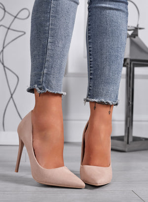 ANASTASIA - Beige suede pumps with patent leather heel