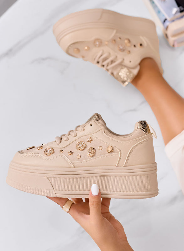 AIDA - Sneakers platform beige con decorazioni oro