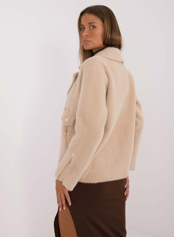 Short beige wool jacket with gold buttons