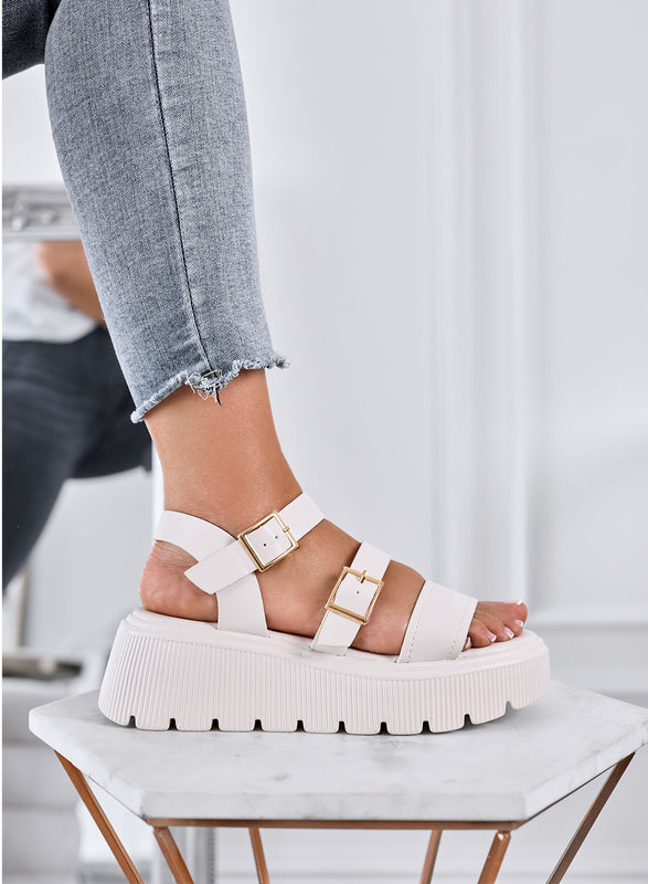 MORA - Beige chunky sandals with double gold buckle and lug sole