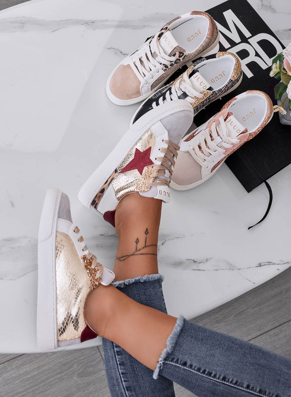 WAYS - Zapatillas bajas con estrella y detalles en dorado y burdeos