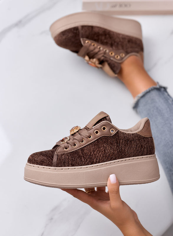 NINFA - Sneakers marroni platform in tessuto laminato e applicazione gioiello