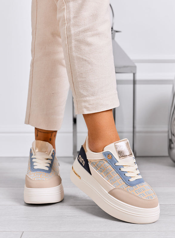 CAMILLA - Zapatillas azules de plataforma con inserciones de tela beige