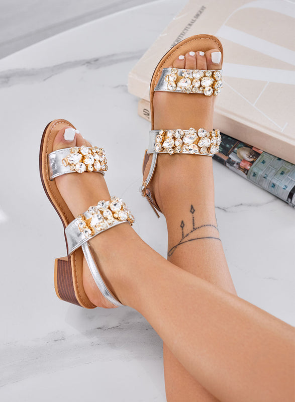 VITTORIA - Silver jewel sandals with low heel and rhinestones