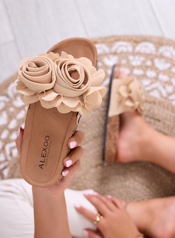 SUMMER - Beige slide sandals with applied flowers