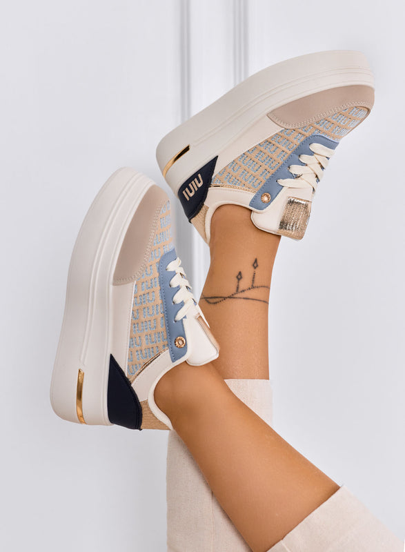 CAMILLA - Zapatillas azules de plataforma con inserciones de tela beige