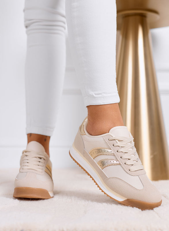 PIERA - Beige fabric sneakers with gold details and rubber sole