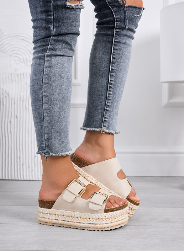 DANIEL - Sandalias beige tipo chancla con plataforma, doble hebilla y suela de cuerda