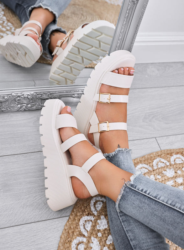 MORA - Beige chunky sandals with double gold buckle and lug sole