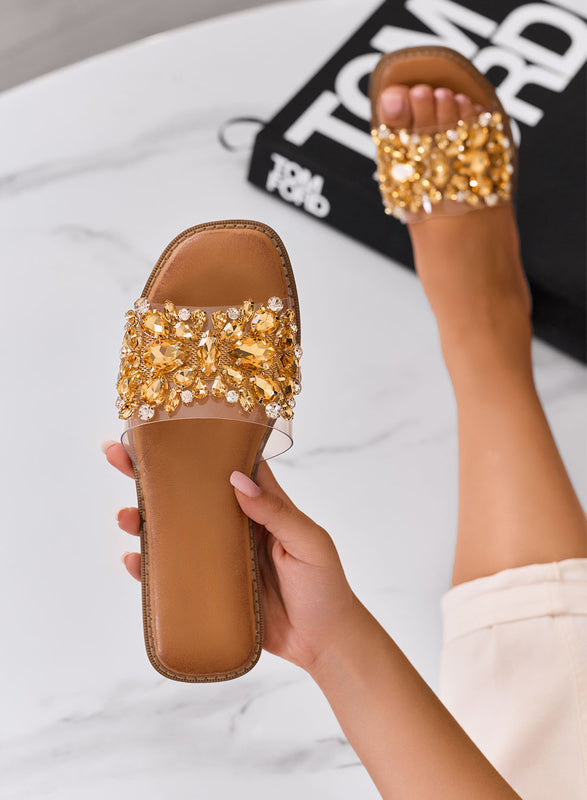 DAFFY - Sandalias chanclas transparentes con apliques de joya dorados