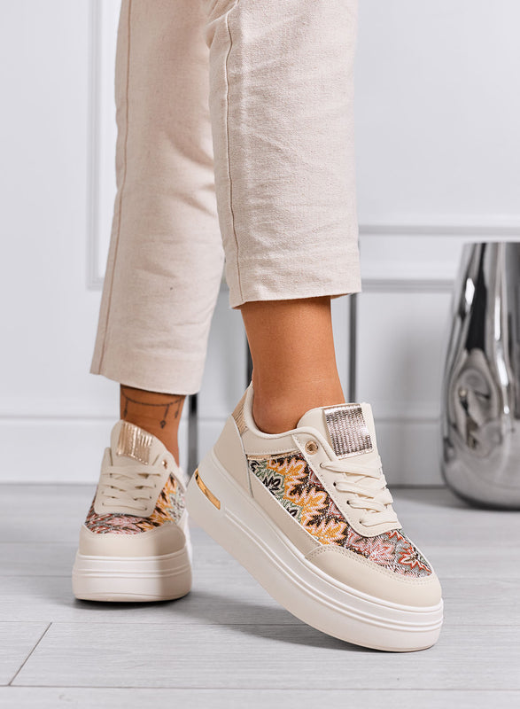 PRAGA - Sneakers beige platform con inserti in tessuto a fantasia