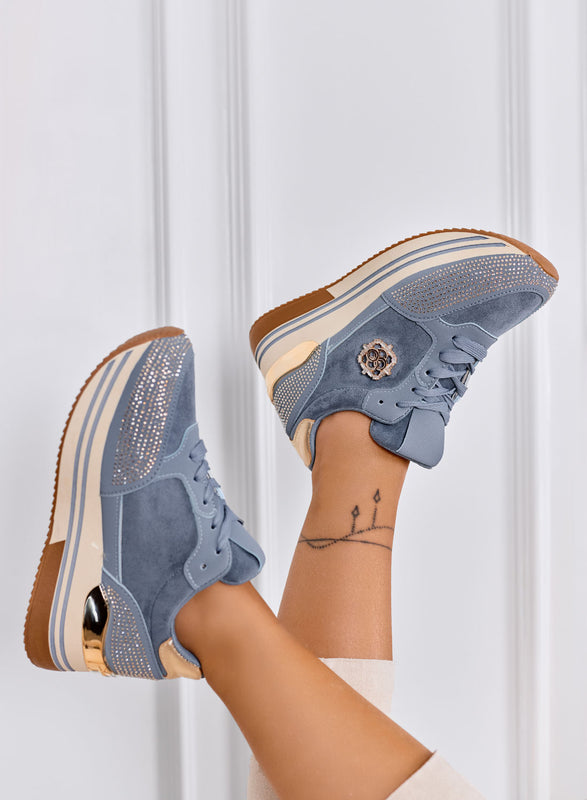 XIOMARA - Zapatillas azules con plataforma, detalles dorados y strass