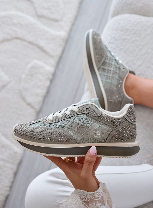 LORENA - Zapatillas verdes con encaje y strass brillantes
