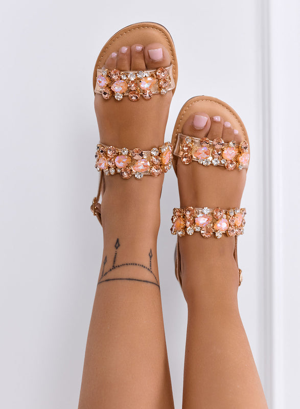 MICHELA - Sandali oro rosa Bassi con Pietre Gioiello e Cinturino