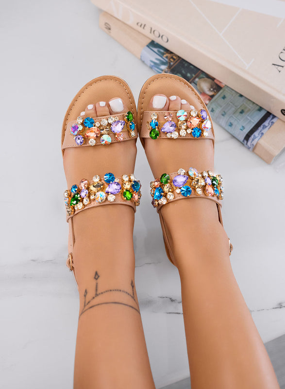 VITTORIA - Sandalias beige de joya con tacón bajo y strass multicolor